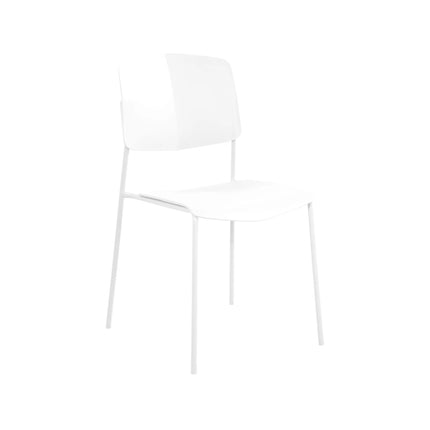 Aspen dining chair white plastic shell with slim metal legs, close-up on backrest and seat