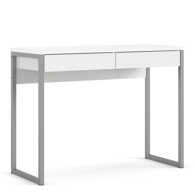 Function Plus compact desk with white top, two slim drawers and grey metal frame