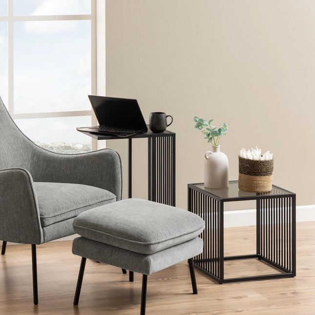 Strington Side Table in Black with Glass, Matt Black & Oak Finishes