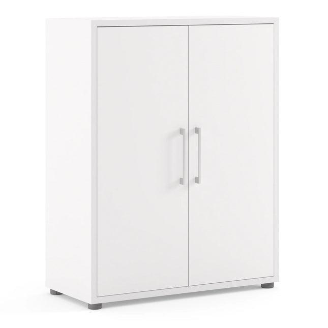 Prima two-shelf bookcase in white with two plain doors and slim metal handles