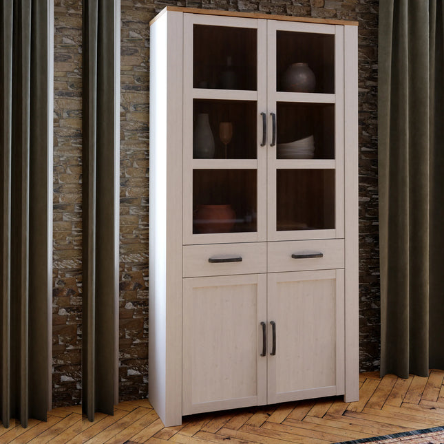 Bohol Display Cabinet 4 Door 2 Drawer in Riviera Oak and White with LED Option