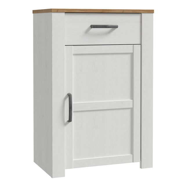 Bohol shoe cabinet with white painted panels, oak-effect top and metal handles