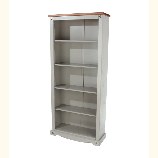 Corona Traditional Pine bookcase in painted pale grey with natural pine top and five adjustable shelves