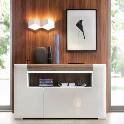 Toronto - 3 Door Sideboard with open shelving (inc. Plexi Lighting) In White and Oak