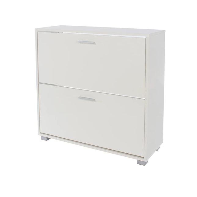 Lido shoe cabinet in white with two tilt-out drawers and slim metal handles