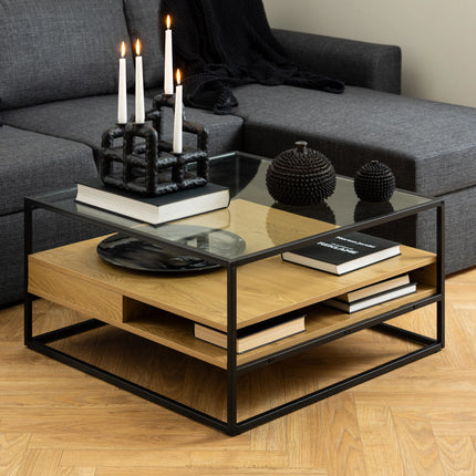 Randolf - Square Coffee Table with 2 Shelves in Black and Oak