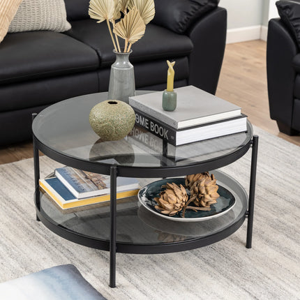 Bayonne Round Coffee Table Black with Smoked Glass Top