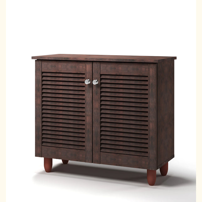 Essentials shoe cabinet in dark wood with slatted two-door fronts and round chrome knobs