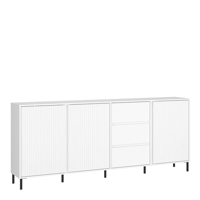 Avenale sideboard in alpine white gloss with fluted doors, three drawers and slim black legs
