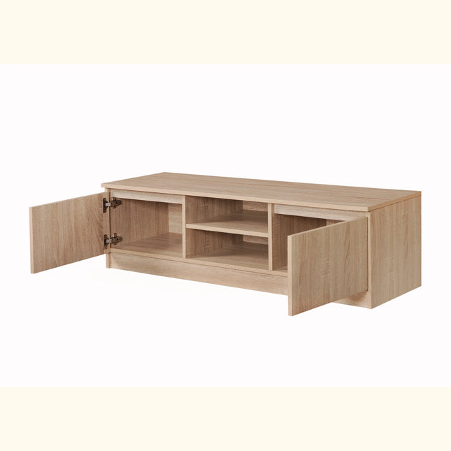 Open Essentials TV unit with central shelf compartments and two inward-opening doors in light oak finish