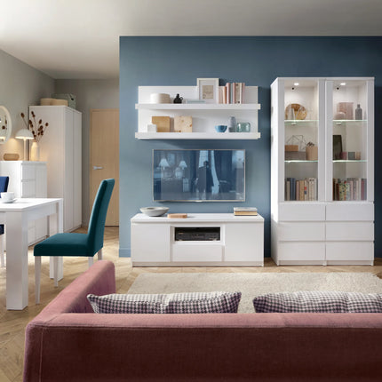 Fribo cabinet white TV unit with central open shelf and two drawer fronts, living room setting
