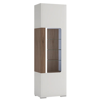 Toronto - Tall Narrow Glazed display cabinet with internal shelves (inc. Plexi Lighting) In White and Oak