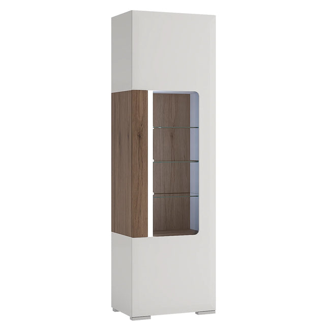 Toronto - Tall Narrow Glazed display cabinet with internal shelves (inc. Plexi Lighting) In White and Oak