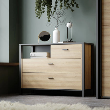 High Rock Chest of 3 Drawers in Matt Black and Riviera Oak