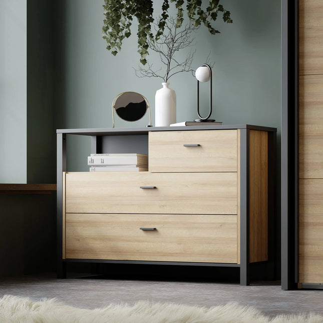 High Rock Chest of 3 Drawers in Matt Black and Riviera Oak