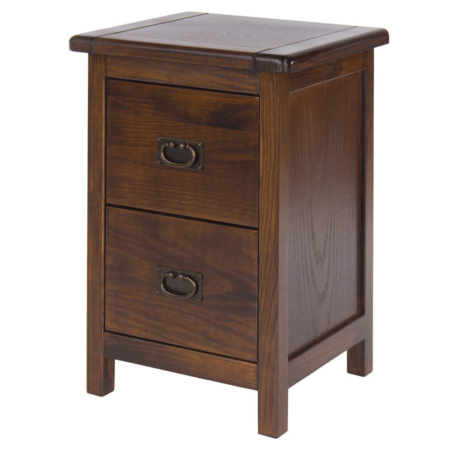Boston bedside cabinet in dark stained wood with two drawers and brass drop handles