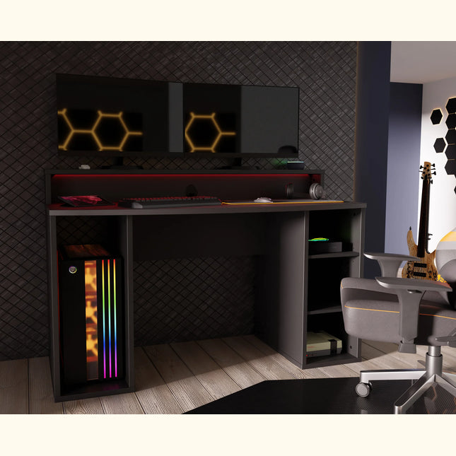 Ayo desk open cubby shelving with built-in red LED strip and PC tower slot