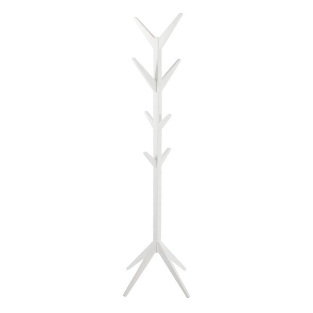Ascot coat hanger in white wood with multiple angled peg arms and tripod base
