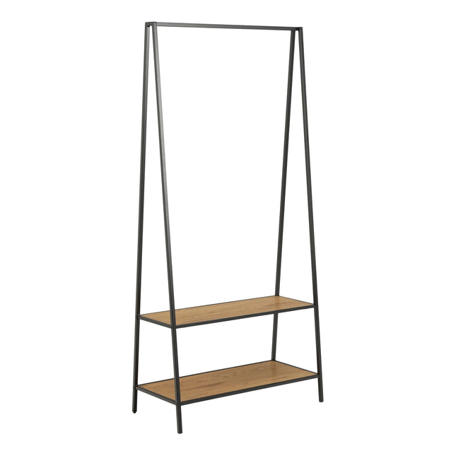 Seaford freestanding black metal clothes rack with two oak-effect shelves