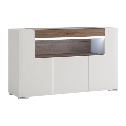 Toronto - 3 Door Sideboard with open shelving (inc. Plexi Lighting) In White and Oak