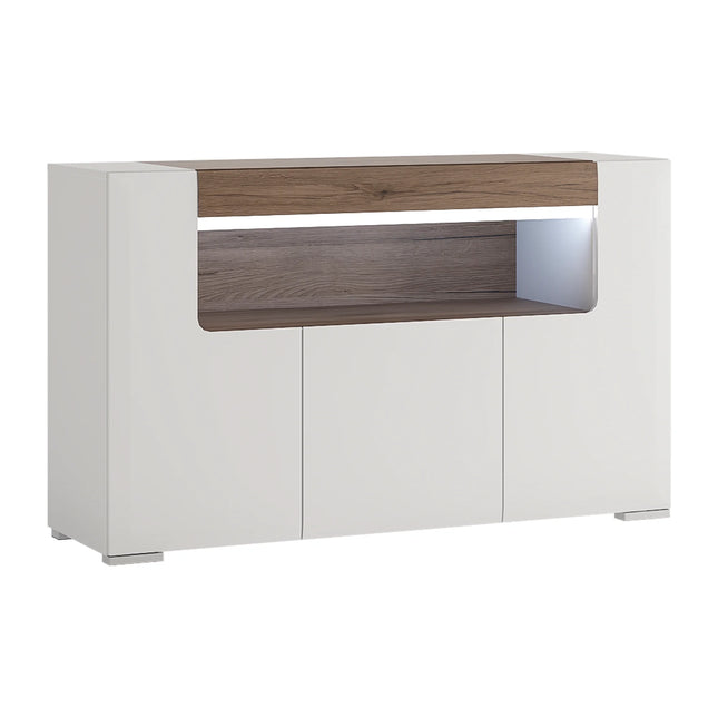 Toronto - 3 Door Sideboard with open shelving (inc. Plexi Lighting) In White and Oak