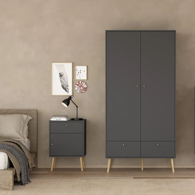 Cumbria bedside table in dark grey laminate with brass knob and angled light wood legs