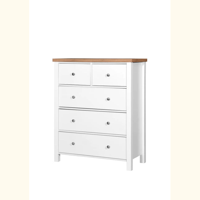 Astbury five-drawer chest in white with oak-effect top and round metal knobs
