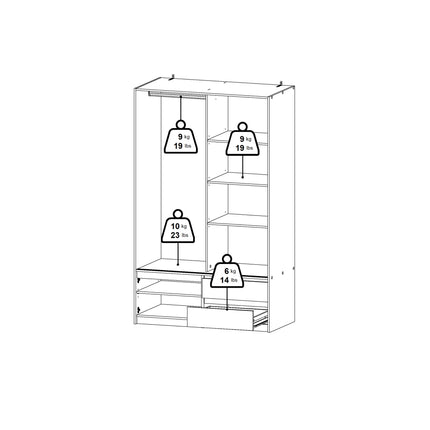 Line - Wardrobe with 2 Sliding Doors, Drawers and Mirror