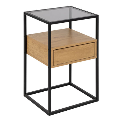 Randolf - Square Bedside Table with 1 Drawer in Black and Oak