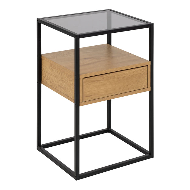 Randolf - Square Bedside Table with 1 Drawer in Black and Oak