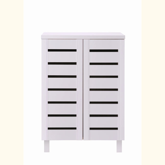 Close-up of white two-door storage cabinet with horizontal black slat accents and slim central gap