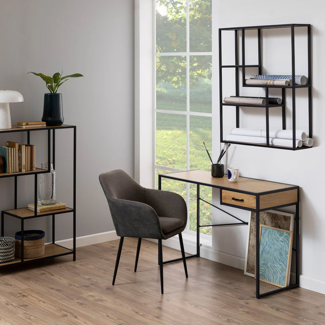 Seaford wall shelf close-up of black metal frame and three open shelves with rolled papers