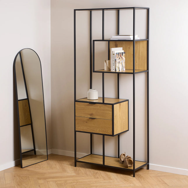 Seaford tall wild oak bookcase metal frame with two oak drawers and open shelving