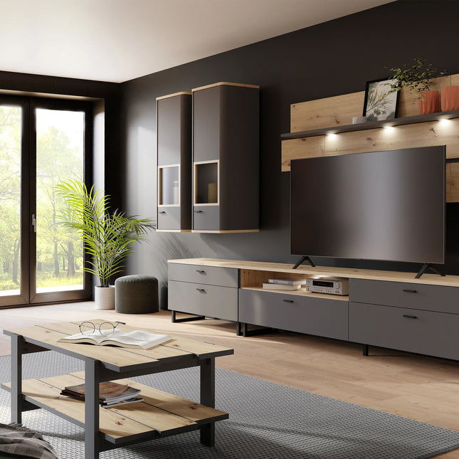 Klara Display Cabinet with Glass Door in Grey and Oak with Optional LED Lighting