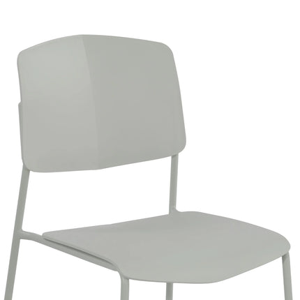 Close-up of sage-green Aspen plastic chair seat and back with slim metal legs