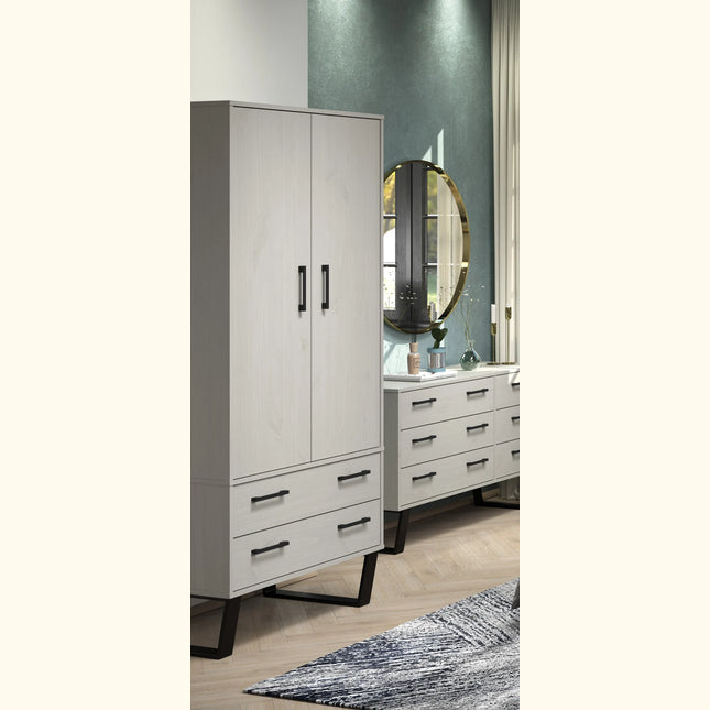 Texas wardrobe close-up of grey waxed pine doors, drawer fronts and black metal leg/frame