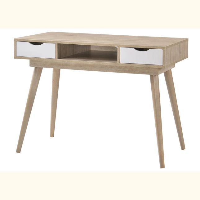 Alford desk in light oak-effect finish with two white inset drawers and tapered wooden legs