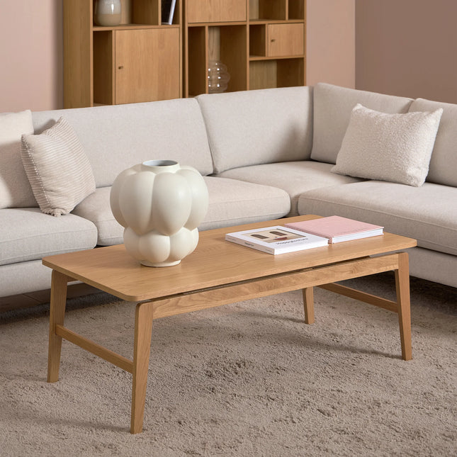 Essex coffee table oak veneer top and tapered legs with lower shelf detail