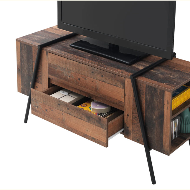 Open drawer and lower shelf of rustic-effect Abbey TV unit with black metal leg frame