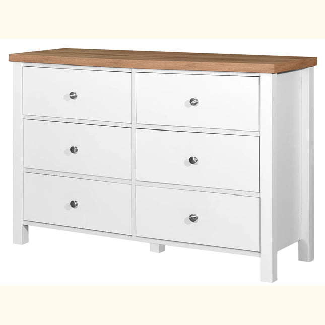 Astbury 6-drawer chest in white with oak-effect top and round metal knobs