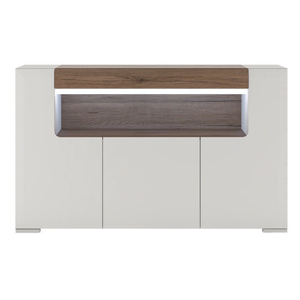 Toronto - 3 Door Sideboard with open shelving (inc. Plexi Lighting) In White and Oak