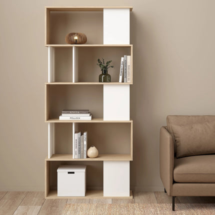 Maze Tall Bookcase 4 Shelves Oak White 173cm Midcentury