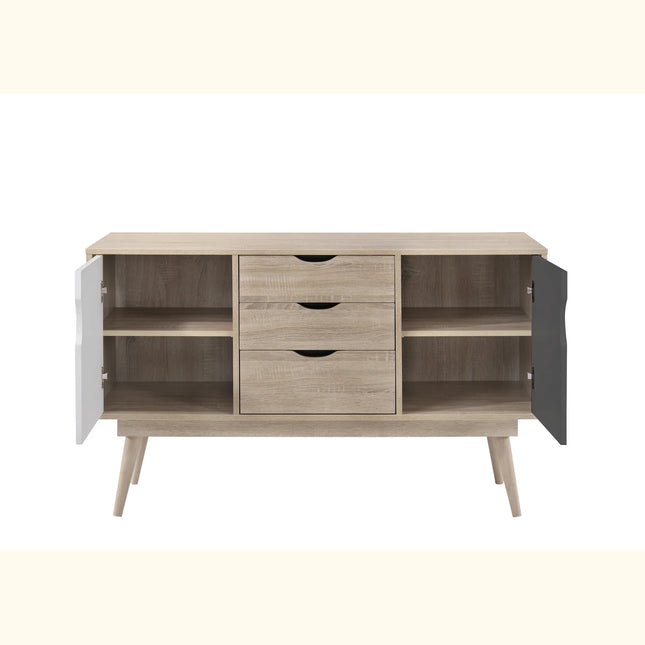 Alford sideboard interior with two open shelves each side and three central drawers, oak-effect finish and contrasting grey/white doors