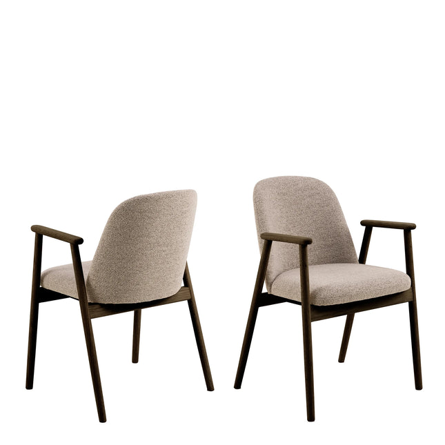 Leo dining chairs pair in beige Monza boucle upholstery with dark wood frame and armrests