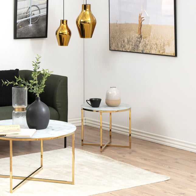 Alisma Side Table Round Marble Glass Top Gold 50cm Modern