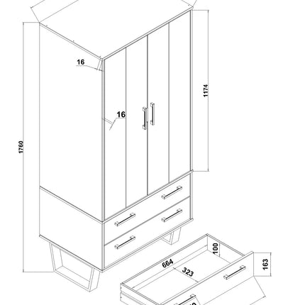 Texas - Wardrobe - 2 Door 2 Drawer Grey Waxed Pine & Metal Legs