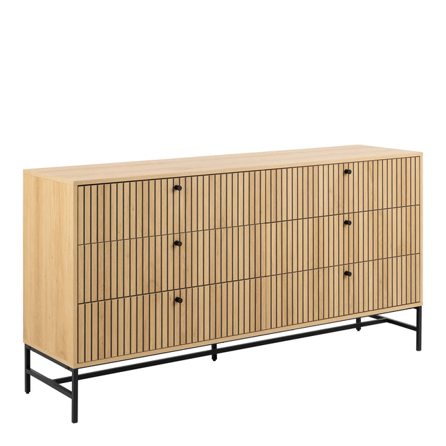 Albany wide chest of drawers in light oak effect with vertical slatted drawer fronts and black metal legs