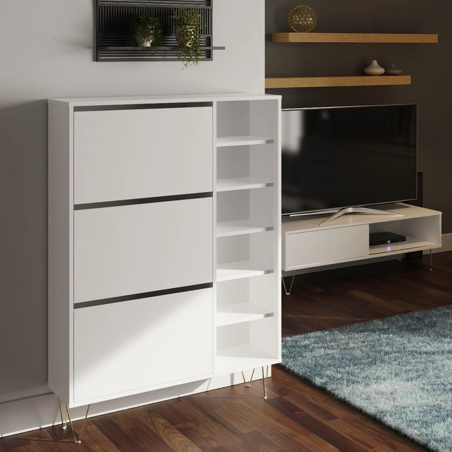Right-hand open shelves and internal dividers of white Monaco shoe cabinet with gold hairpin legs