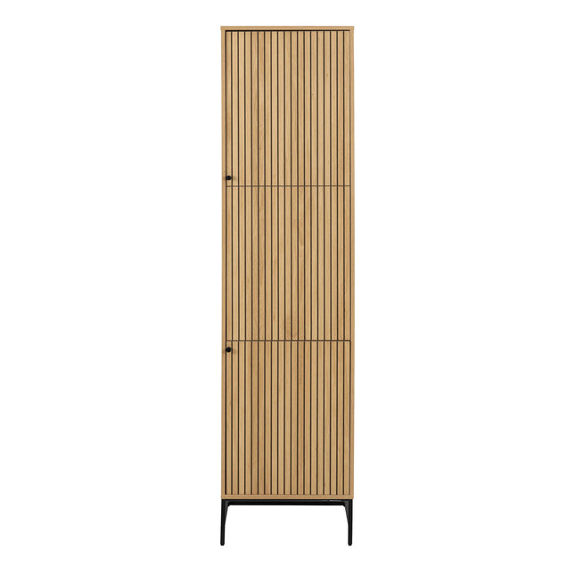 Close-up of slatted oak-effect wardrobe door with slim black knob and black metal legs