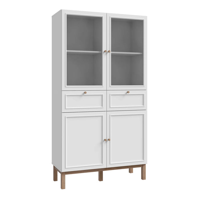 Wensley Display Cabinet with Doors, Drawers & LED Lighting in Light Grey and Oak